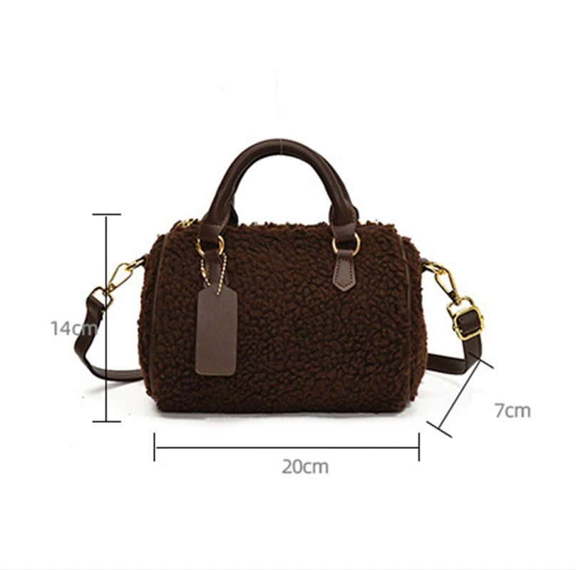 Cozy Sherpa Fleece Barrel Bag with Brown Leather Trim