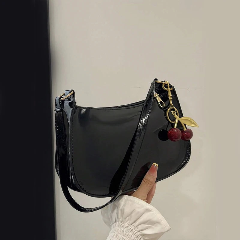 Trendy Glossy Cherry Red Patent Leather Shoulder Bag with Cute Cherry Bag Charm