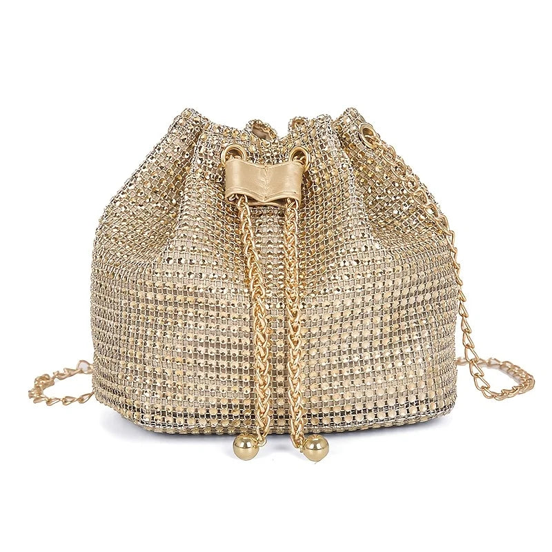 Elegant Crystal Rhinestone Crossbody Evening Bag – Metallic Drawstring Bucket Purse with Gold Chain