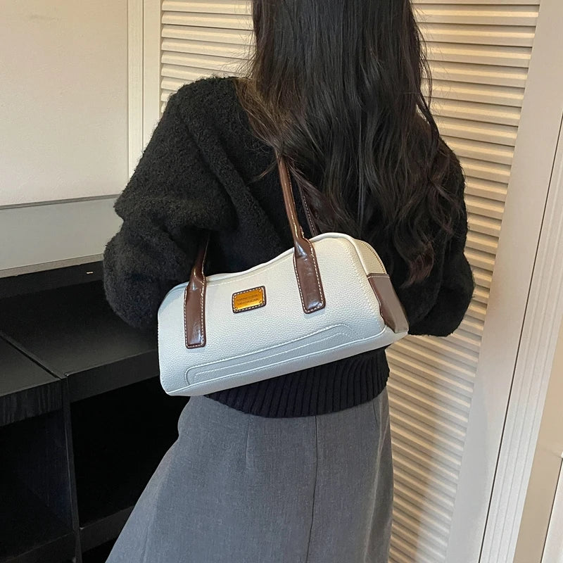 Chic Two-Tone Brown PU Leather Shoulder Bag – Vintage Style Women's Handbag & Boston Satchel