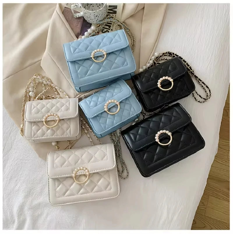 Elegant Quilted Leather Shoulder Bag with Pearl Accent & Chain Strap - Chic Party Crossbody Handbag