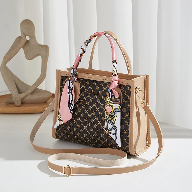 Classic Geometric Print Satchel Handbag with Crossbody Strap and Twilly Scarf