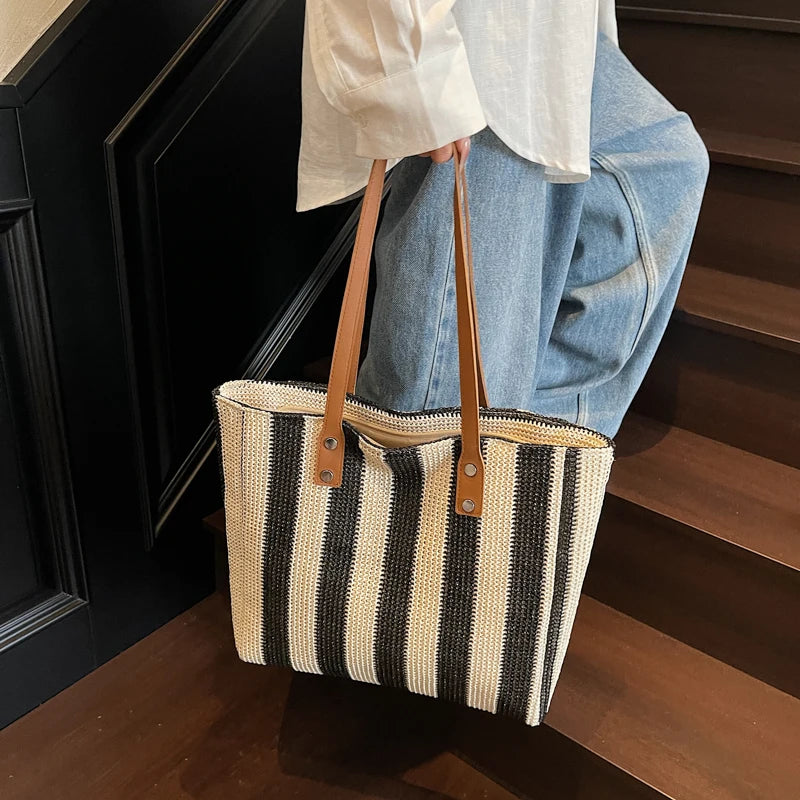 Summer Vacation Striped Straw Handbag with PU Leather Straps