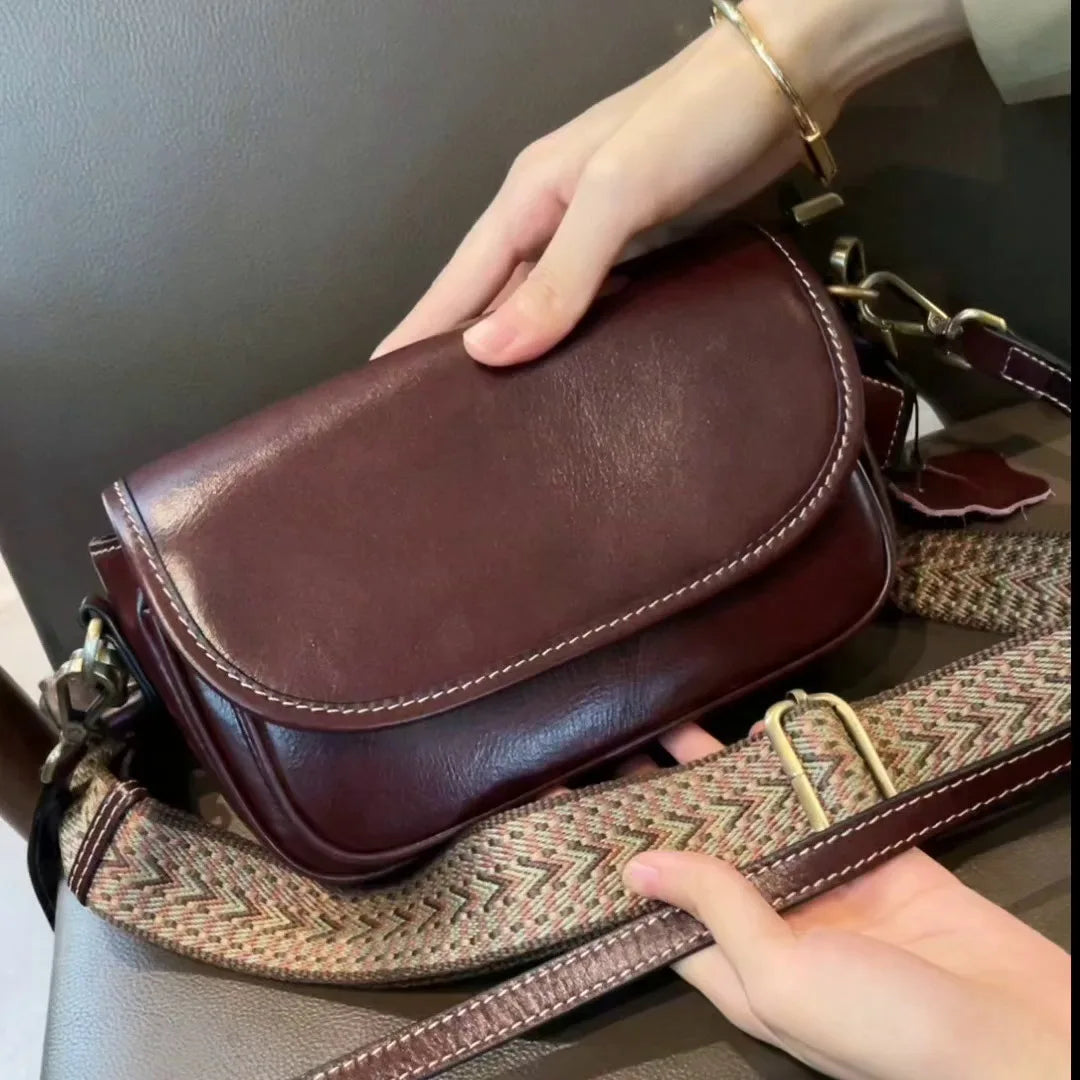 Vintage PU Leather Saddle Crossbody Bag with Wide Woven Guitar Strap
