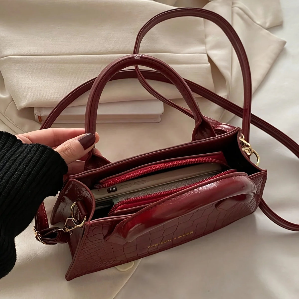 Statement Maroon Croco Texture Sling Handbag