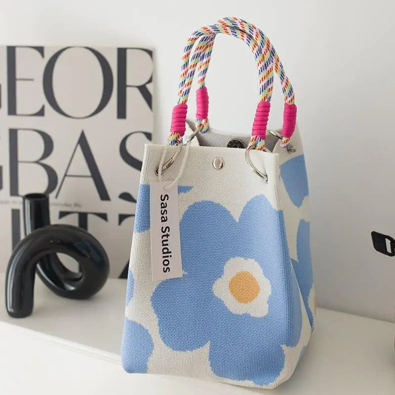Cute Floral Knit Mini Handbag | Aesthetic Woven Top-Handle Tote Bag
