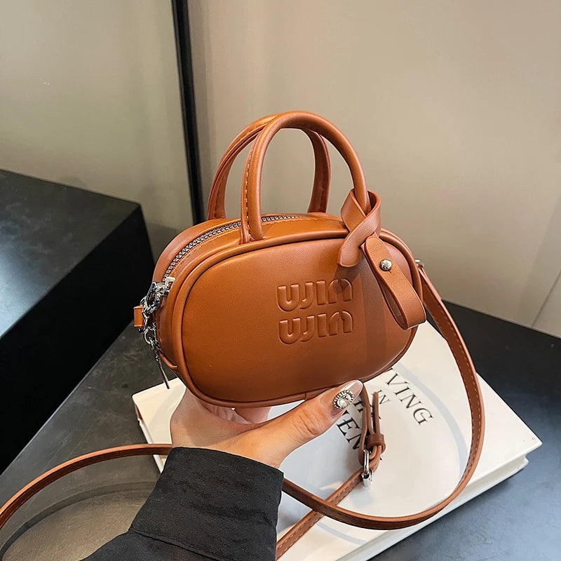 Cute Letter-Embossed Mini Oval Crossbody Bag for Women | Trendy PU Leather Top Handle Shoulder Purse