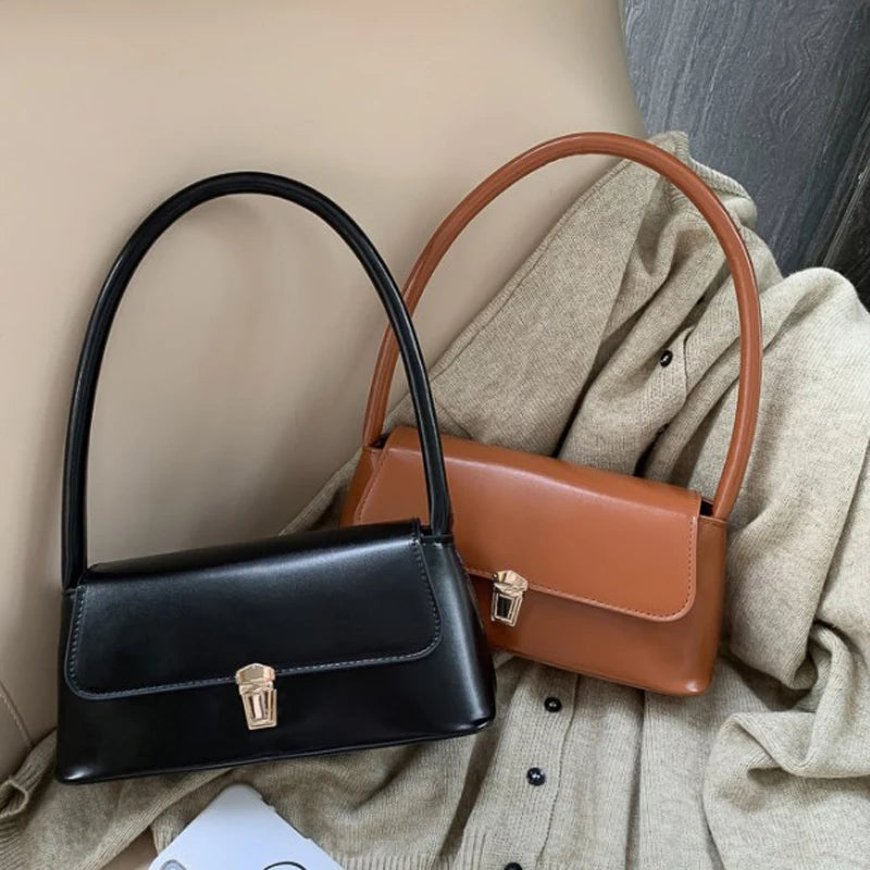 Minimalist Smooth Leather Shoulder Bag – Vintage Rectangle Baguette Bag for