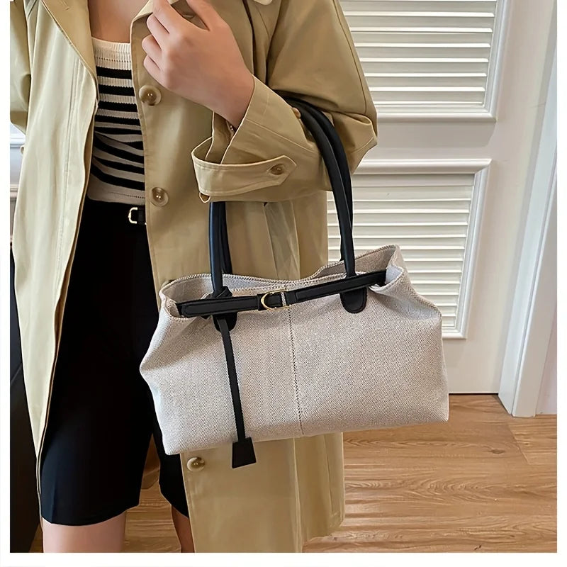 Aura Bags Casual Canvas Tote Bag with Contrast PU Leather Handles and Belt Accent