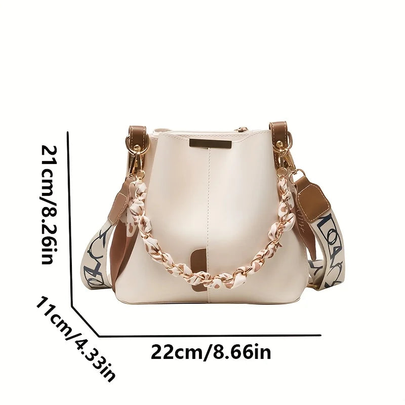 Elegant Cream White Bucket Bag | Silk Scarf Wrapped Chain Crossbody Shoulder Bag