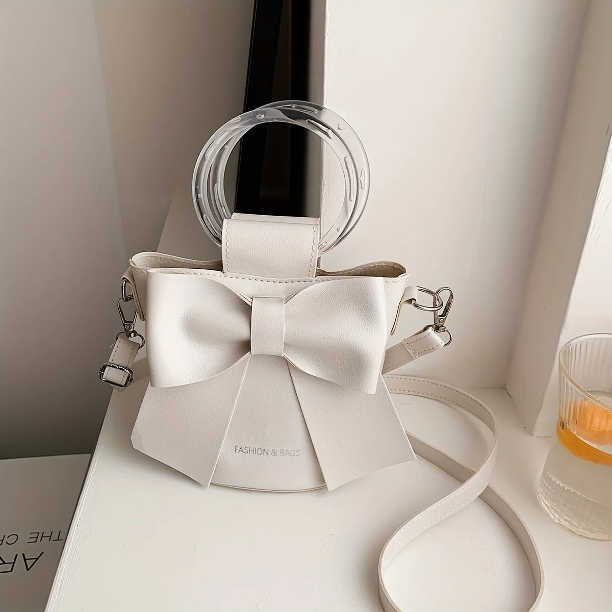 Chic Black Bow Bucket Bag with Clear Ring Handle | Coquette Aesthetic Purse