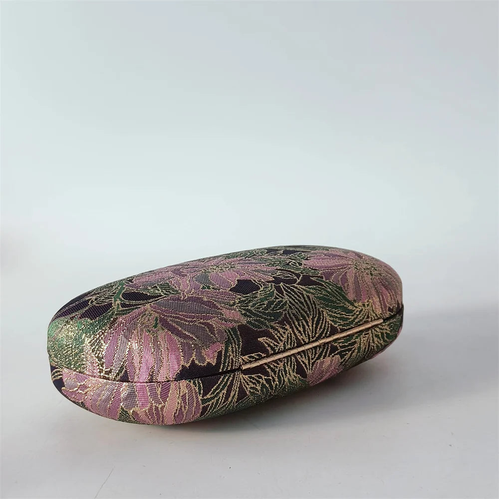 Elegant Floral Embroidered Hard Case Evening Clutch with Beaded Handle