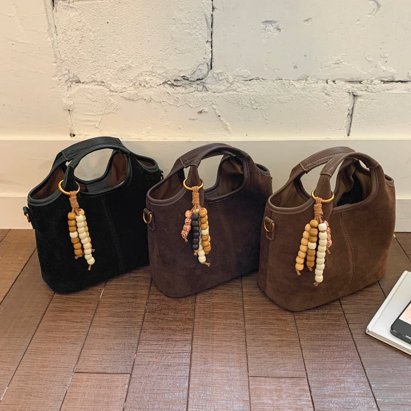 Vintage Suede Brown Tote & Crossbody Bag with Beaded Charm