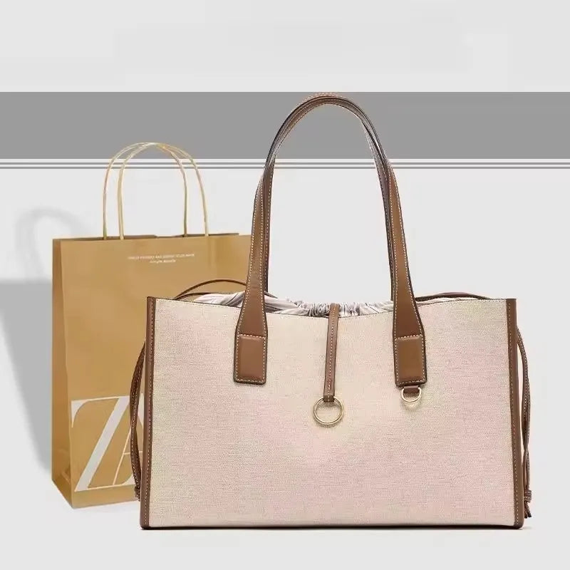Chic Canvas Tote Bag with Brown PU Leather Trim & Drawstring Closure