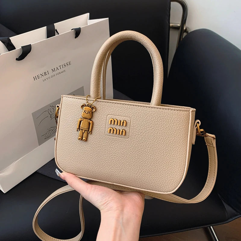 Aura Chic Brown PU Leather Crossbody Bag | Aesthetic Top Handle Handbag with Bear Charm