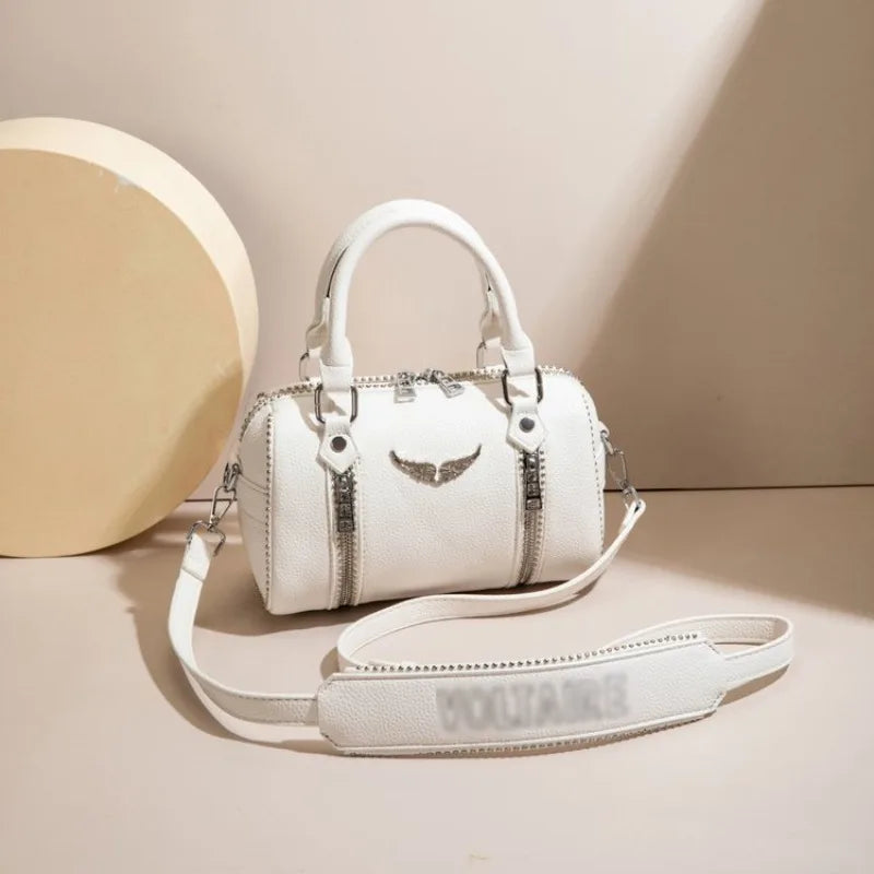 Edgy White Studded Barrel Crossbody Bag | Y2K Rock Chic Winged Handbag ✨