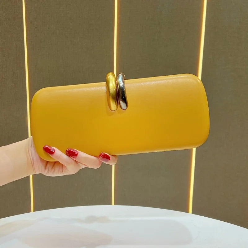 Aura Bags Elegant Rectangular Hard-Shell Clutch & Evening Bag with Gold-Silver Dual Ring Clasp