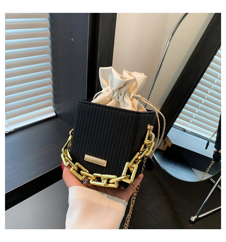 Chic Woven Texture Mini Bucket Bag with Drawstring and Chunky Chain