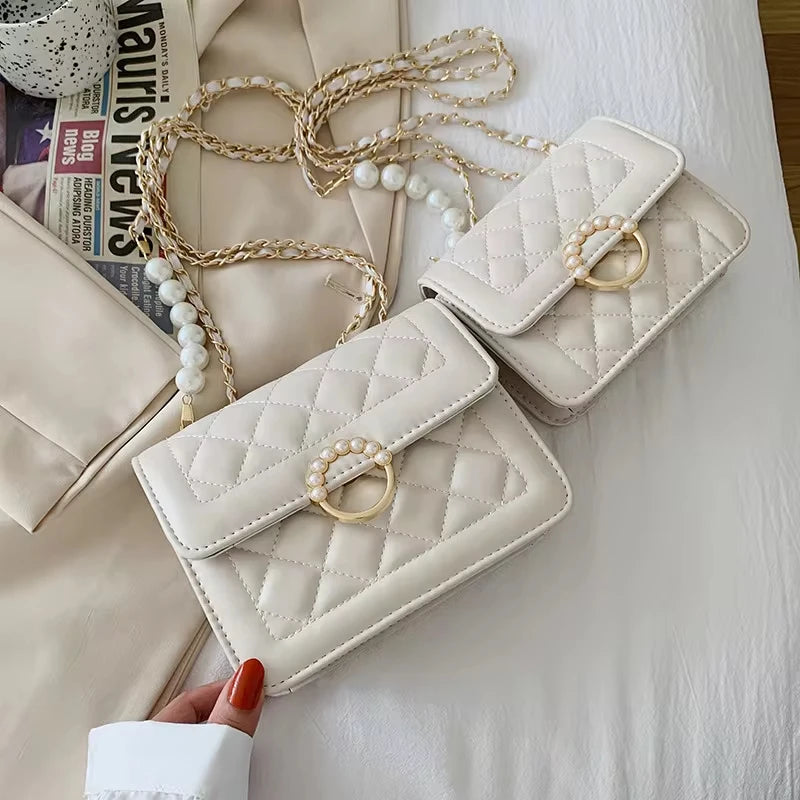 Elegant Quilted Leather Shoulder Bag with Pearl Accent & Chain Strap - Chic Party Crossbody Handbag