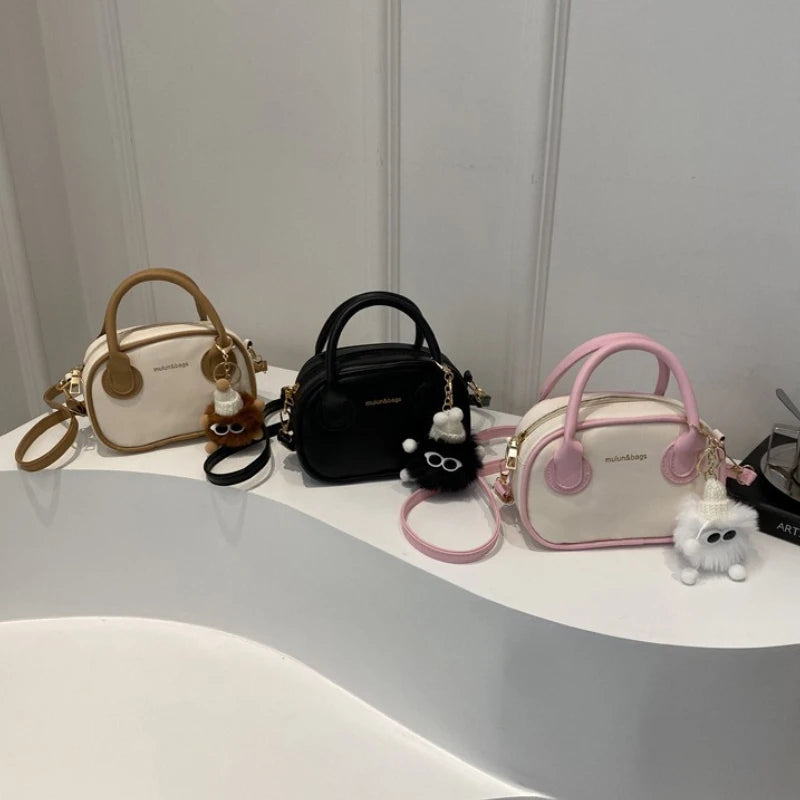Casual Two-Tone Mini Barrel Crossbody Bag with Fluffy Pendant
