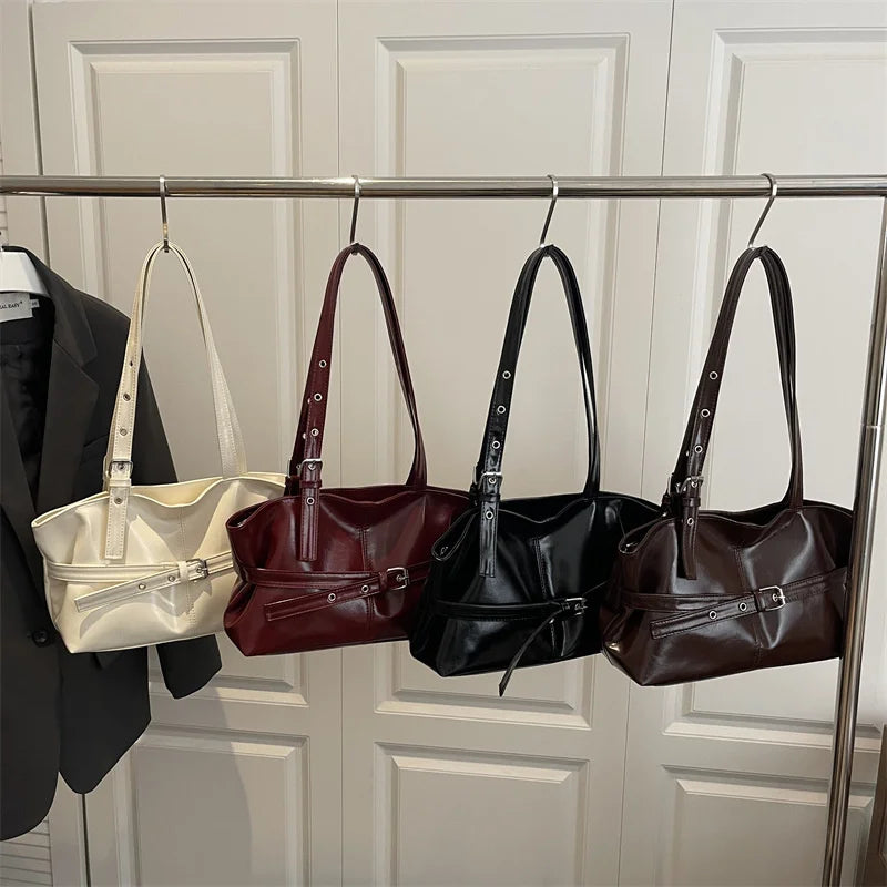Vintage Wine Red Patent Leather Tote Bag | Stylish Buckle Strap Handbag with Eyelet Details