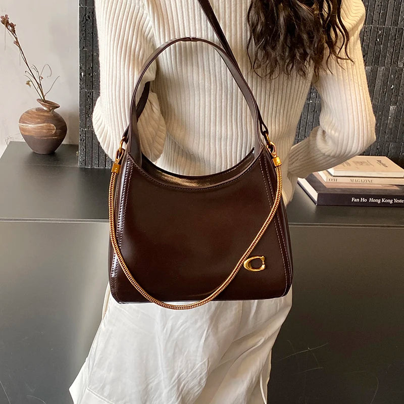 : Women’s Vintage Leather Hobo Bag – Retro Wine Red Underarm Bag & Shoulder Purse with Gold Chain Accent