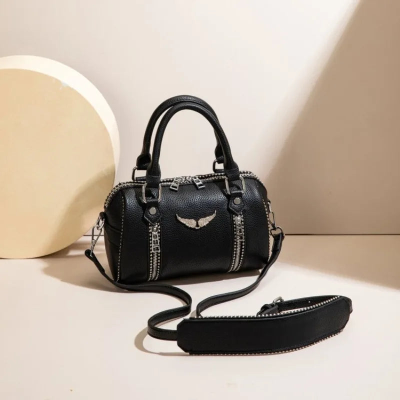 Edgy White Studded Barrel Crossbody Bag | Y2K Rock Chic Winged Handbag ✨