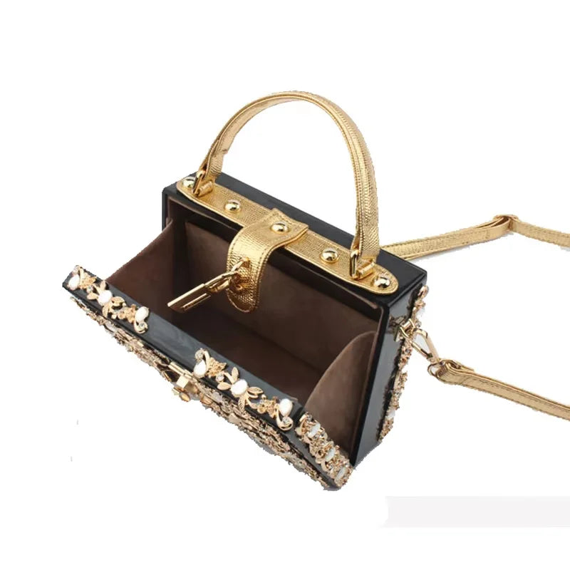 Luxury Blue & Gold Filigree Designer Party Wear Hard Case Clutch Bag
