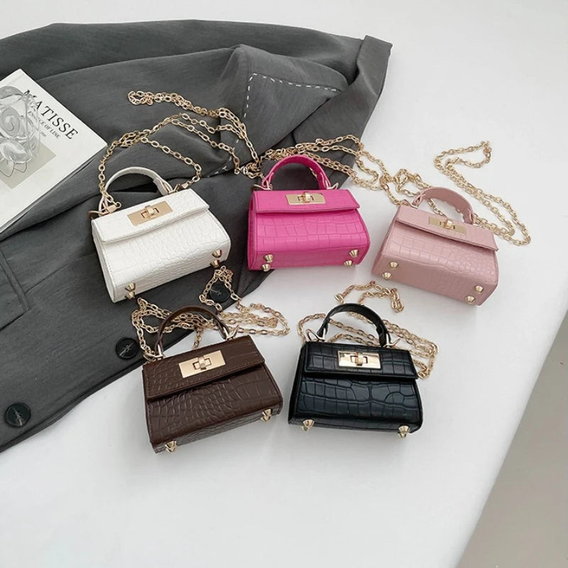 Premium Mini Crocodile Pattern Crossbody Bag for Women – Trendy Micro Handbag with Chain Strap & Gold Lock Accent