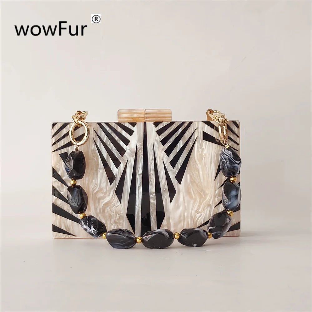 Elegant Marble Pattern Acrylic Box Clutch | Party Wear Handbag with Statement Beads Chain