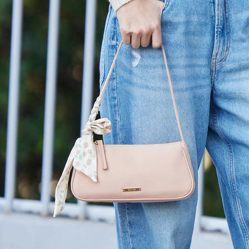 Chic Minimalist Faux Leather Underarm Bag - Elegant Casual Shoulder Handbag with Silk Scarf Accessory