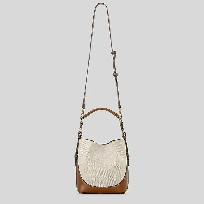 Casual Canvas & Leather Trim Bucket Crossbody Bag