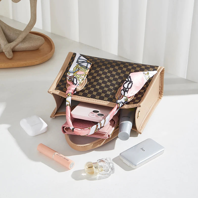 Classic Geometric Print Satchel Handbag with Crossbody Strap and Twilly Scarf