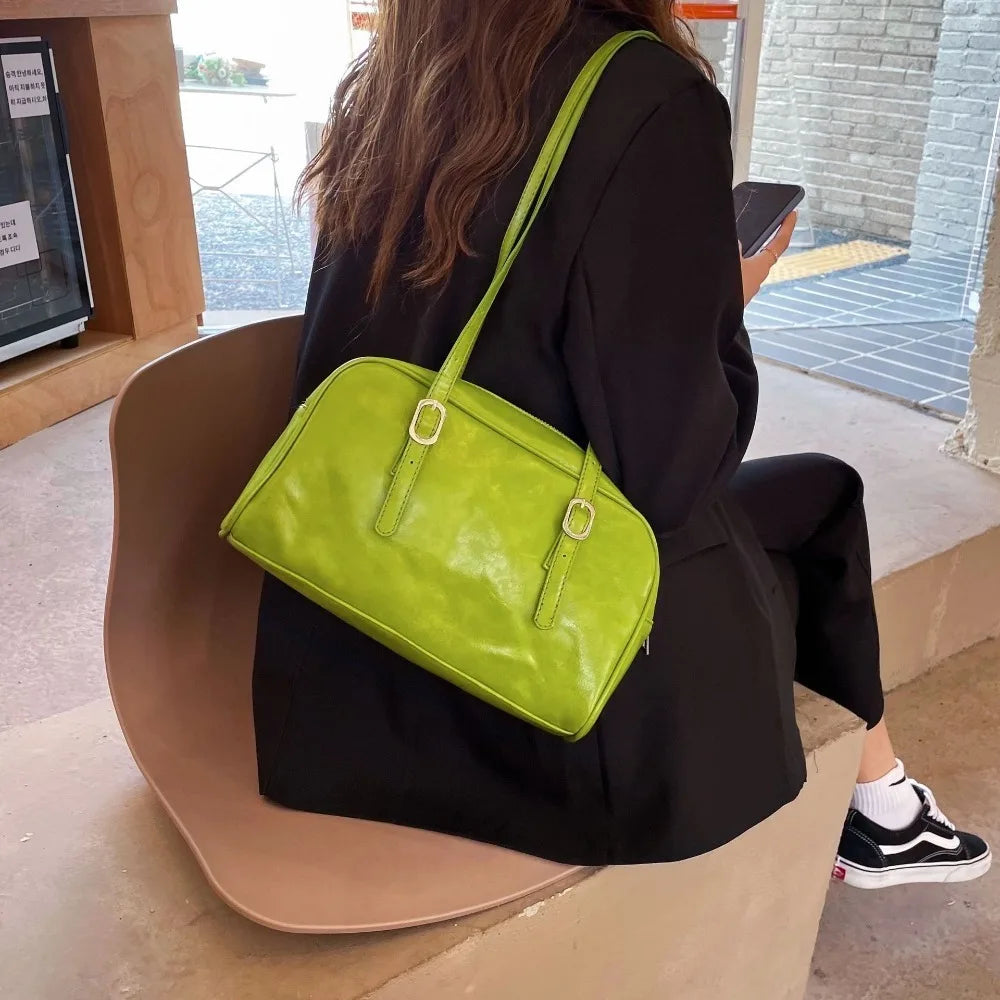 Vibrant Lime Green Casual Shoulder & Tote Bag with Buckle Accents