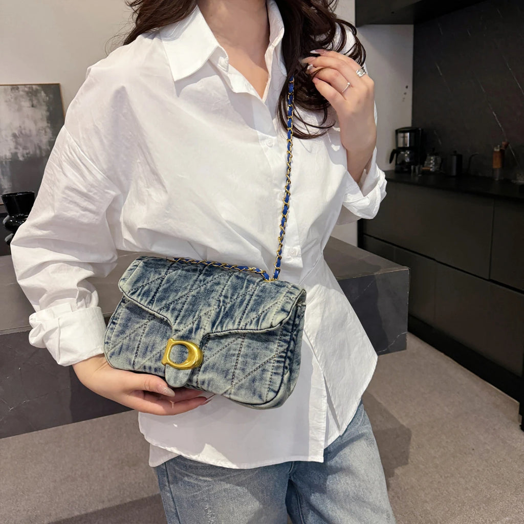 Vintage Quilted Denim Chain Handbag