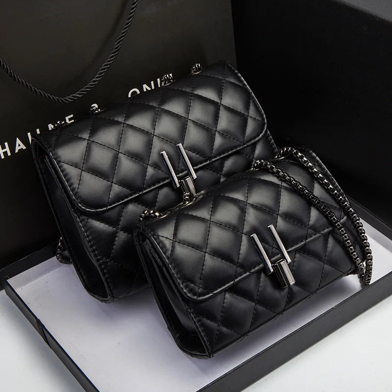 Luxurious Designer-Inspired Quilted Black PU Leather Shoulder Bag Featuring Sleek Gunmetal Chain Strap and Modern Metallic Lock Closure for Women