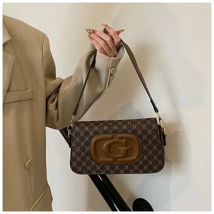 Trendy Vintage Print Shoulder Bag with Wide Strap - Women's Designer Style Satchel