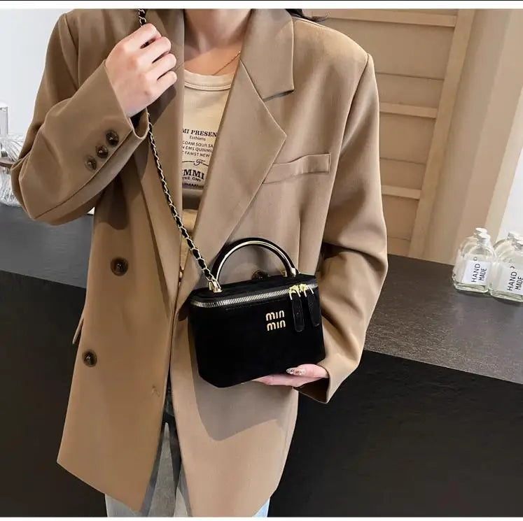 Chic Suede Vanity Box Crossbody Bag with Top Handle and Chain Strap (Multiple Colors)