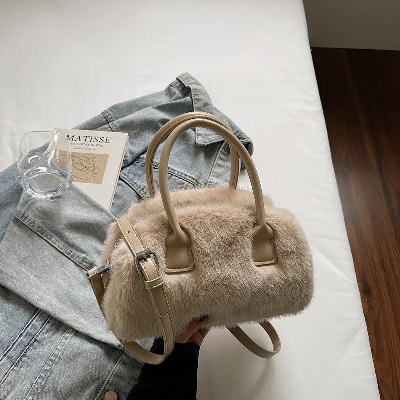 Aura Bags Fluffy Faux Fur Mini Handbag & Crossbody Bag with Top Handles
