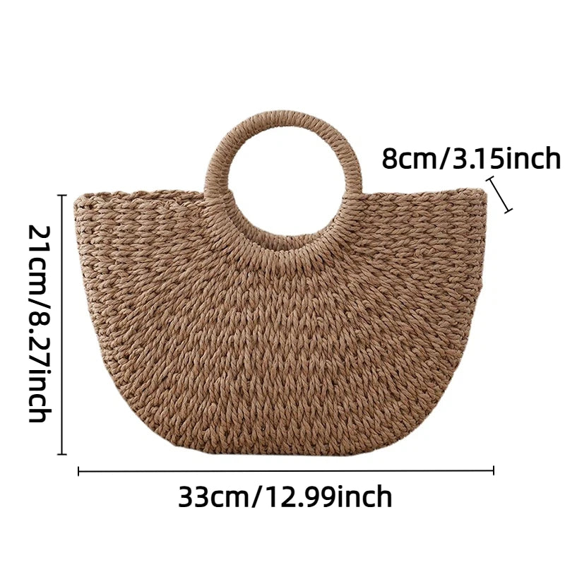 Casual Natural Woven Straw Tote with Ribbon Accent