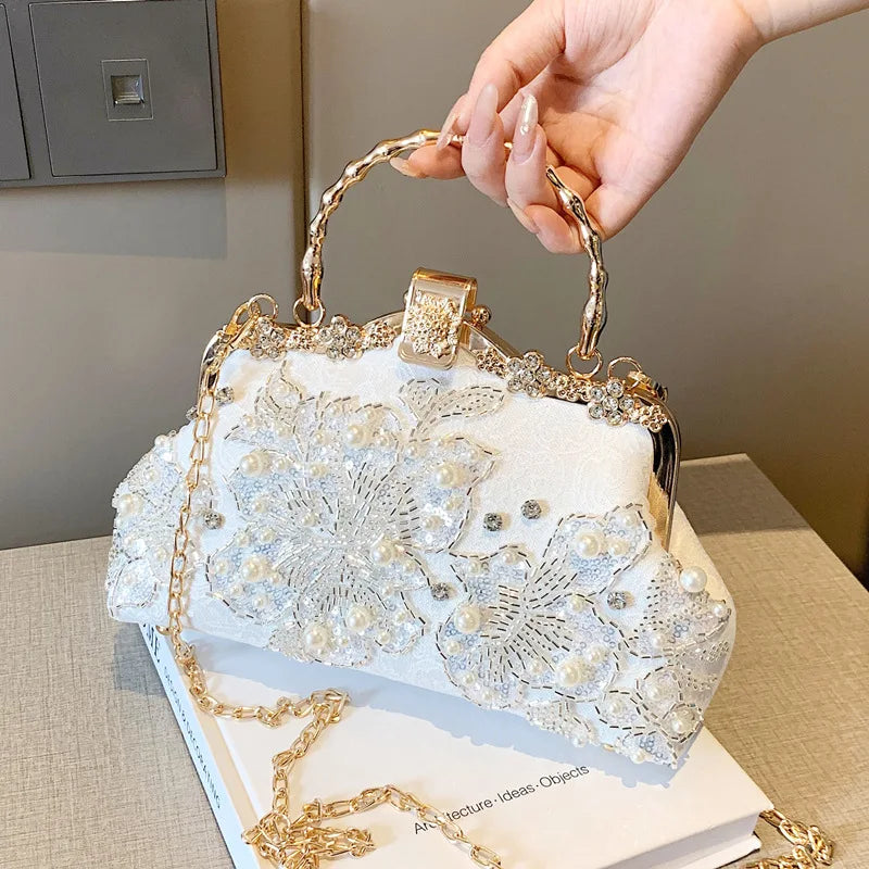 Elegant White Pearl Lace Evening Clutch Bag | Luxury Bridal Purse with Gold Handle