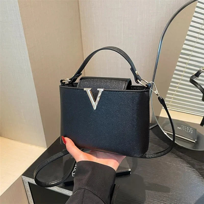 Chic Structured "V" Logo Top-Handle & Crossbody Bag in Classic Black
