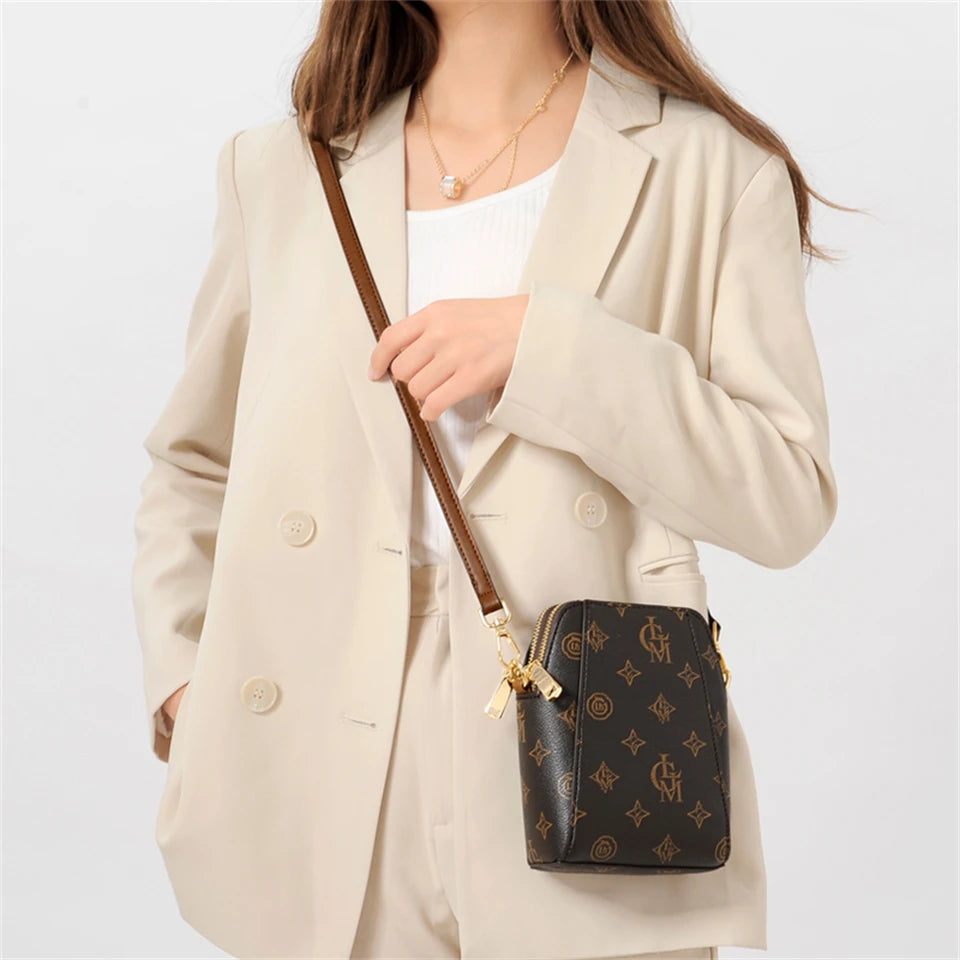 Classic Monogram Pattern Vertical Crossbody Bag with Contrast Brown Strap - Casual Daily Shoulder Handbag