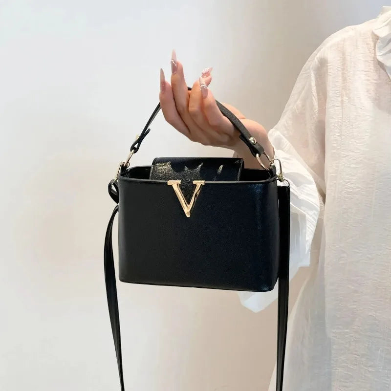Chic Structured "V" Logo Top-Handle & Crossbody Bag in Classic Black