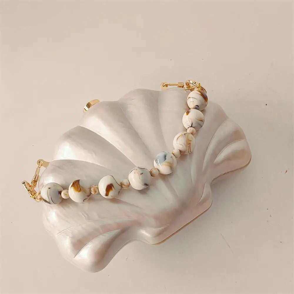 Elegant Pearlescent Seashell Evening Clutch Bag with Marble-Patterned Beaded Chain - Luxury Party Handbag