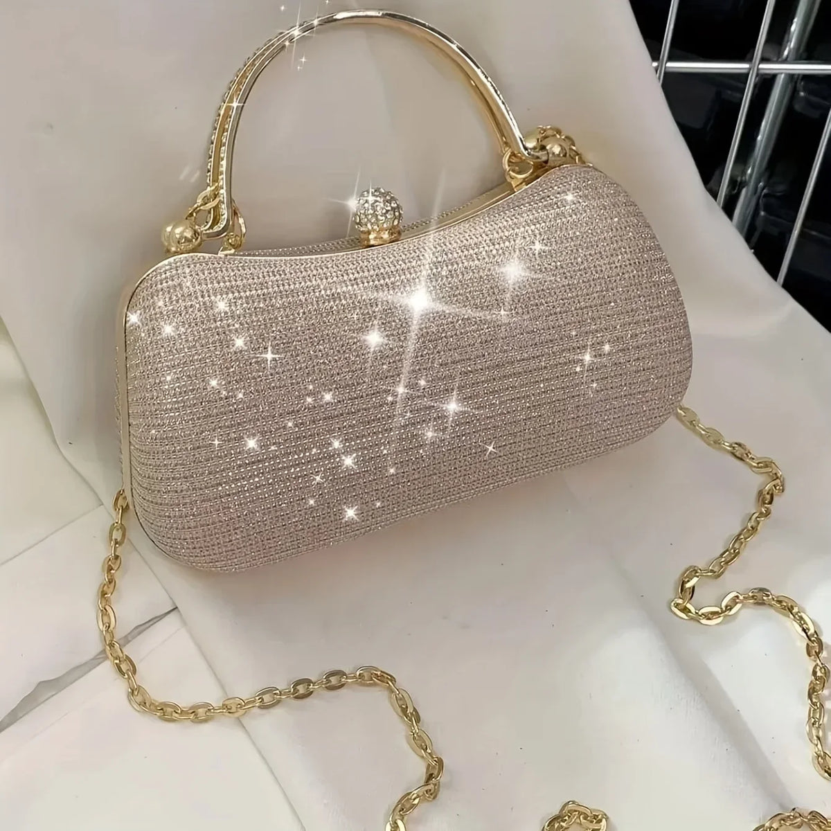 Elegant Champagne Gold Glitter Party Handbag with Chain Strap