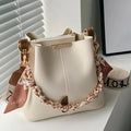 Elegant Cream White Bucket Bag | Silk Scarf Wrapped Chain Crossbody Shoulder Bag