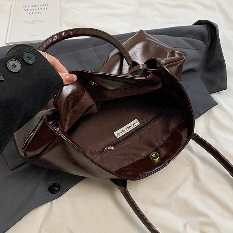 Vintage Dark Red Leather Tote Bag with Buckle Detail & Long Shoulder Straps