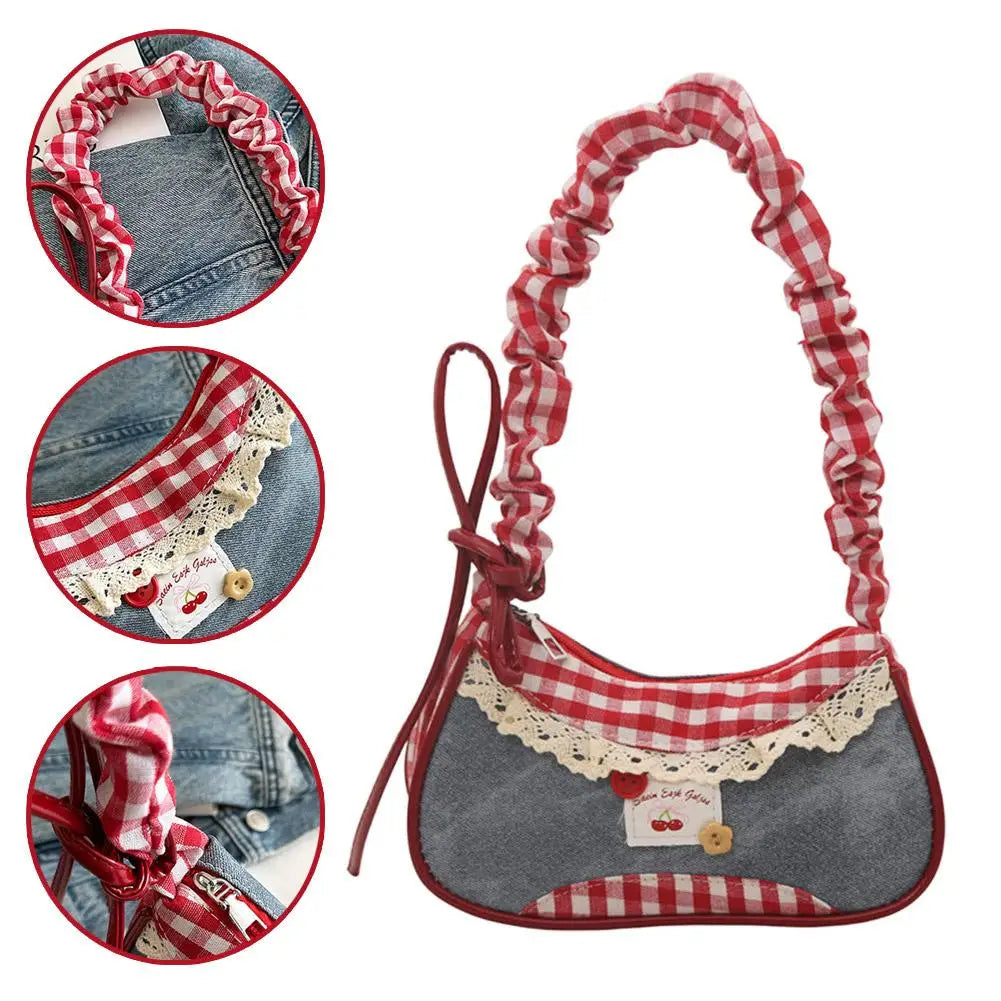 Aura Bags Red Gingham & Denim Patchwork Cute Aesthetic Shoulder Bag