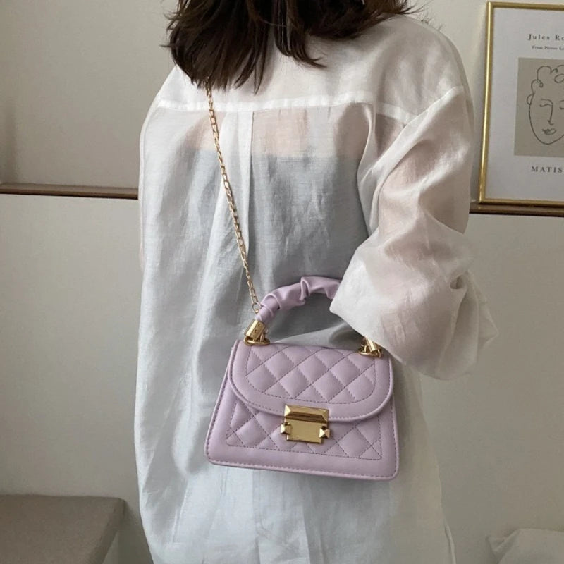 Aura Bags Pastel Lilac Quilted Mini Flap Bag with Scrunchie Handle and Gold Chain
